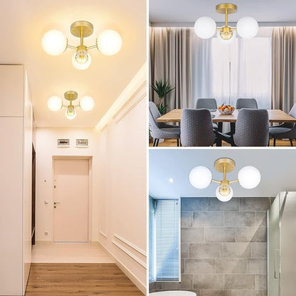 3 Lights Gold Chandelier Mid Century Modern Light Fixture, Gold Semi Flush Mount Ceiling Light with Frosted Globe Glass for Living Room, Bedroom, Nursery Room & Office Ceiling Light (Bulbs Included)