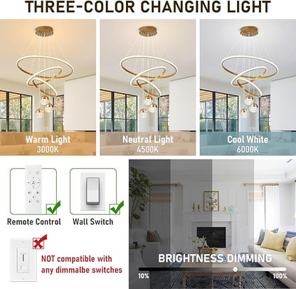 Modern Led Chandeliers 3-Color Dimmable Gold LED Chandelier Pendant Light with Remote Adjustable Hanging Pendant Light Fixture for Dining Room Living Room Bedroom Entryway