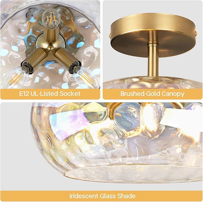 12" Iridescent Rainbow Hammered Glass Ceiling Light, 3-Light Semi Flush Mount Fixture, Modern Gold Lighting for Bedroom, Hallway, Kitchen, Dining Room, Living Room, Foyer