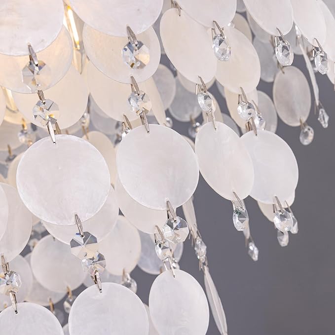TOCHIC Natural Capiz Shell Chandelier, 6-Light Gold Modern Coastal Chandelier Light Fixture for Dining Room, Hanging Boho Round Beach Shell Pendant Light for Living Room, Bedroom, Kitchen, Foyer, 24"W