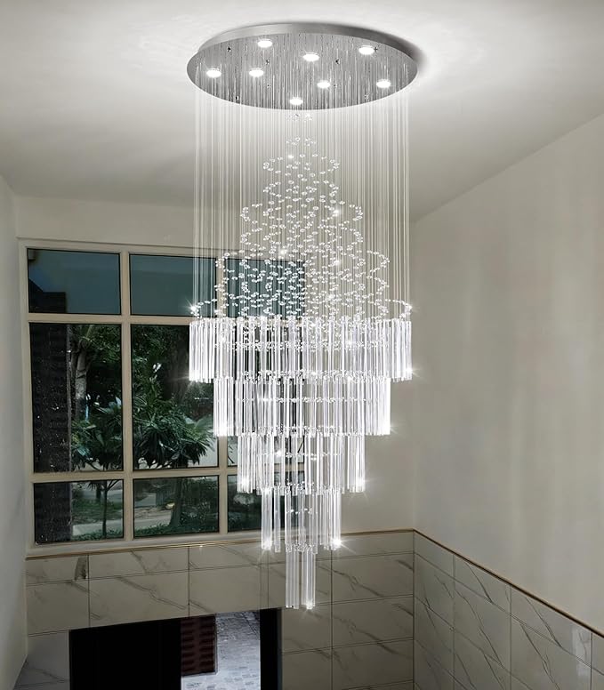 HAIXIANG W24 x H78 Crystal Glam Chandelier Long Light Chandeliers with Dimmable Light Bulbs High Ceiling Light Fixtures for Foyer Entryway Living Room Stair Silver