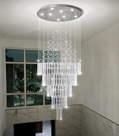 HAIXIANG W24 x H78 Crystal Glam Chandelier Long Light Chandeliers with Dimmable Light Bulbs High Ceiling Light Fixtures for Foyer Entryway Living Room Stair Silver