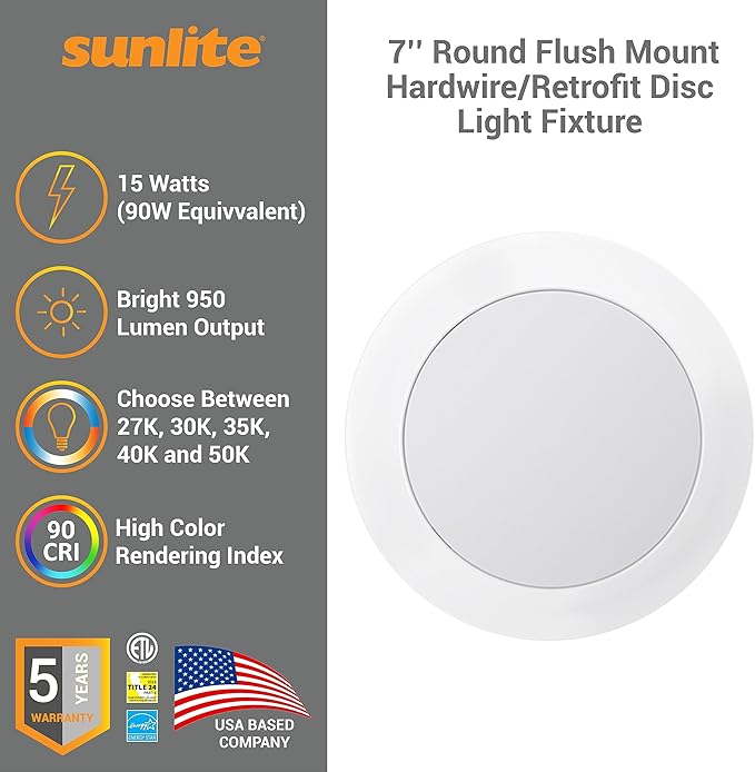Sunlite 87799 7" Round Flush Light Hardwire/Retrofit Fixture, 15W, 950 Lmns, CCT Switch 27K/30K/35K/40K/50K, Dimmable, 90 CRI, ETL Listed, Energy Star, Medium E26 Base, Title-24 Compliant, 1 Pack