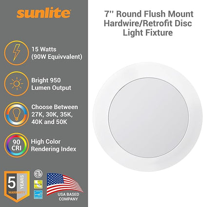 Sunlite 87799 7" Round Flush Light Hardwire/Retrofit Fixture, 15W, 950 Lmns, CCT Switch 27K/30K/35K/40K/50K, Dimmable, 90 CRI, ETL Listed, Energy Star, Medium E26 Base, Title-24 Compliant, 1 Pack