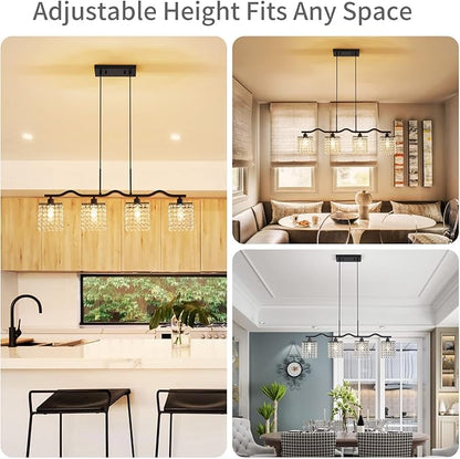 WUZUPS Crystal Chandelier 4-Light Linear Raindrop Pendant Ceiling Light Modern Lighting Fixture for Bedroom Dinning Room Bar Kitchen Island, H8.7'' W4.7'' L30.5, E12 Base, Black