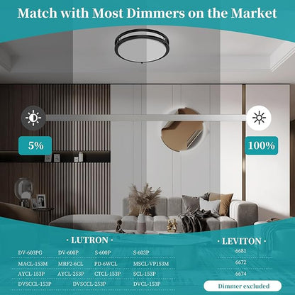 16Inch LED Ceiling Light Fixtures, Flush Mount Light Fixtures 50W, 5CCT Adjustable 2700K 3000K 4000K 5000K 6500K, Close to Ceiling Light for Kitchen Hallway Bathroom Kitchen Bedroom Black 2 Packs