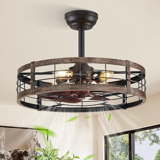 LEDIARY 22 Inch Caged Ceiling Fan with Light, Fandelier Farmhouse Ceiling Fan with Remote, Small Bladeless Fan Lights Ceiling Fixtures for Kitchen, Bedroom, Outdoor-Black and Gold