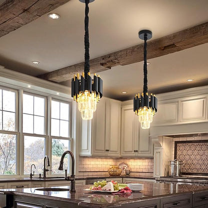 Modern Black Crystal Chandelier 2-Tier Round Pendant Lighting Light Fixture Chandelier for Kitchen Island Entryway Bathroom BedHead Bedroom