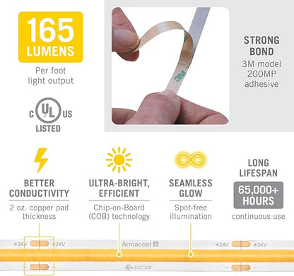 Armacost Lighting RibbonFlex Pro 24V White COB LED Strip Light Tape 2700K, 165 Lumens/Ft, 5M 171130