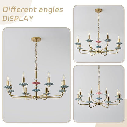 Brass Gold Chandeliers for Dining Room Light Fixture Over Table,8-Light Art Deco Chandelier, Modern Vintage Chandelier with Ceramic,Farmhouse Chandelier for Girls Bedroom Living Room, Foyer