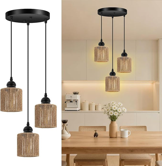BoostArea 3-Light Rattan Pendant Lights Kitchen Island, Farmhouse Chandelier with Handwoven Wicker Shade, Adjustable Height Boho Hanging Light for Kitchen Island/Dining Room/Bedroom/Hallway, No Bulb