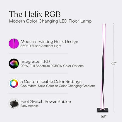 Brightech Helix Modern Color Changing LED Floor Lamp - 48” Tall Lamp with RGB Color Gradient and Contemporary Twisting Column Pole - Corner or End Table Standing Lamp - Built-in NO APP - Black