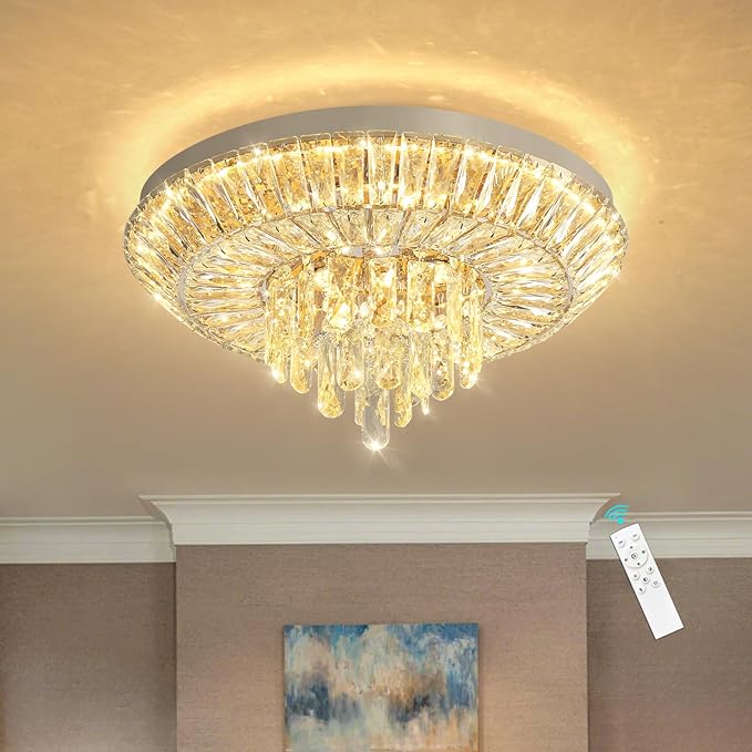 Crystal Chandelier 40W Modern Round Ceiling Light Fixture LED Raindrop Chandeliers Dimmable with Remote for Dining Room Living Room Entryway Hallway Bedroom Silver