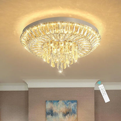 Crystal Chandelier 40W Modern Round Ceiling Light Fixture LED Raindrop Chandeliers Dimmable with Remote for Dining Room Living Room Entryway Hallway Bedroom Silver