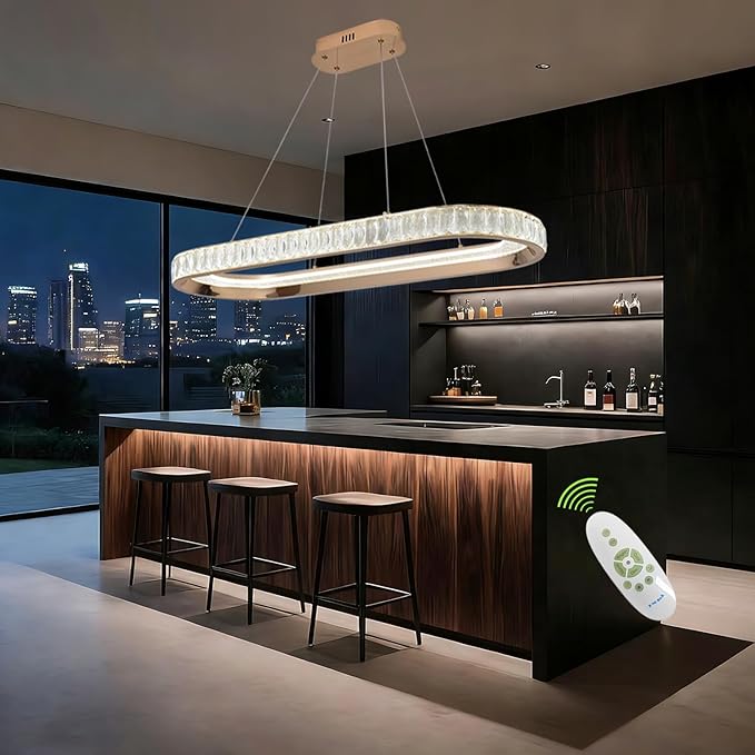 Gold Modern Chandelier Linear Led Chandeliers for Dining Room Oval Ring Chandelier Light Fixture Dimmable Led Pendant Light for Kitchen Island Lighting with Remote Controller