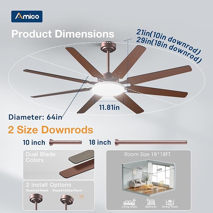 Amico 64 Inch Ceiling Fans with Lights and Remote,Indoor/Outdoor Ceiling Fan with 6 Speed Reversible Quiet DC Motor, 3CCT,Dimmable,Brown Modern Ceiling fan For Living Room, Bedroom, Patio