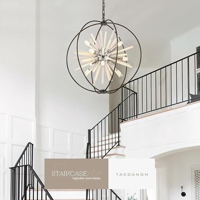 23.6" Black Chrome 9-Light Globe Sputnik Chandelier Modern Adjustable Hanging Ceiling Glass Tube Pendant Light Fixture for Entryway Foyer Staircase Dining Living Room Hallway