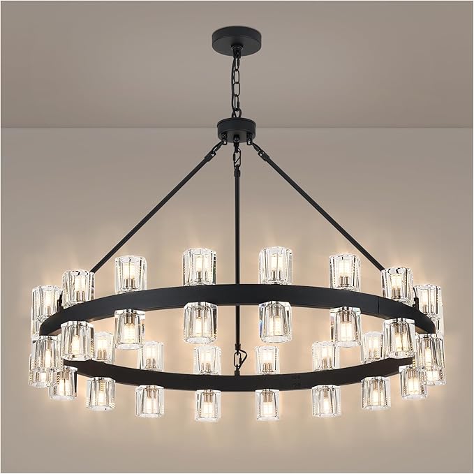 36 Inch Black Wagon Wheel Chandelier with 36 Lights Crystal Shade, Modern Farmhouse Round High Ceilings Pendant Light Fixture for Living/Dining Room, Kitchen, Bedroom, Foyer