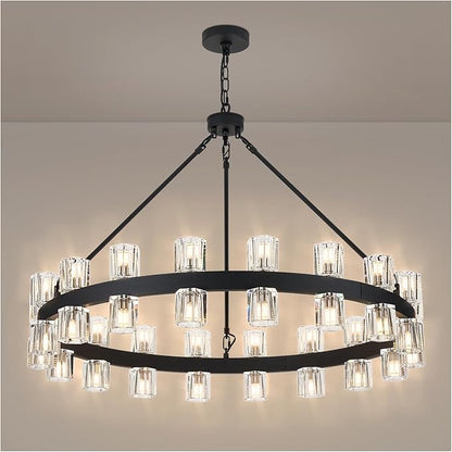 36 Inch Black Wagon Wheel Chandelier with 36 Lights Crystal Shade, Modern Farmhouse Round High Ceilings Pendant Light Fixture for Living/Dining Room, Kitchen, Bedroom, Foyer
