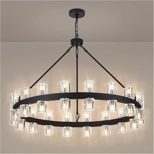 36 Inch Black Wagon Wheel Chandelier with 36 Lights Crystal Shade, Modern Farmhouse Round High Ceilings Pendant Light Fixture for Living/Dining Room, Kitchen, Bedroom, Foyer