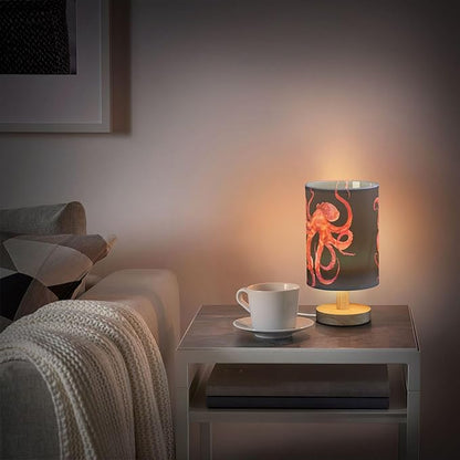 Watercolor Red Pink Octopus with Tentacle Marine Animal Sea Life Table Lamp with Wood Base Fabric Lamp Shade Bedside Nightstand Desk Lamp for Living Room Bedroom Kids Room Office