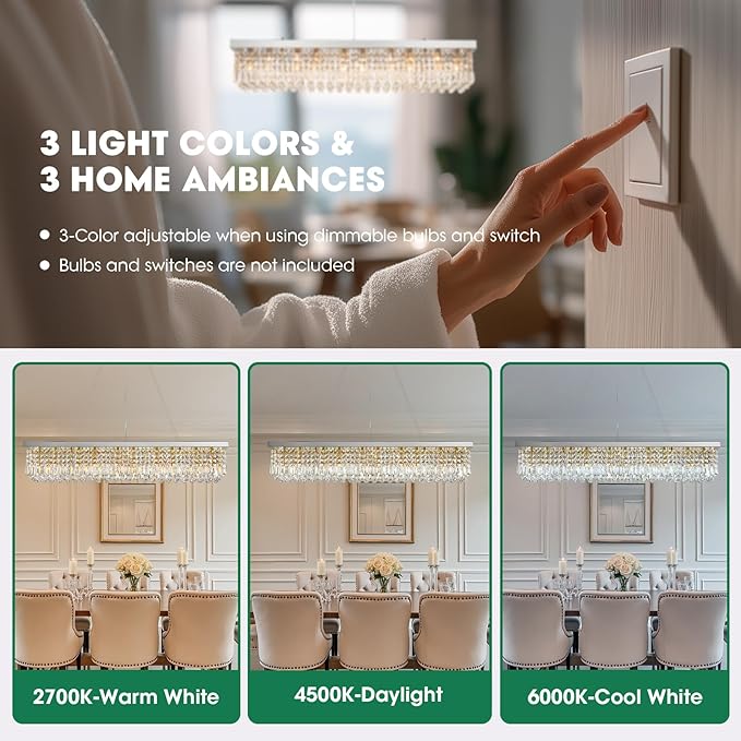 Modern Crystal Chandeliers for Dining Room Light Fixture, 10-Light Rectangle Chandelier for Kitchen Island Living Room, L47.2 Inch, Chrome Finish