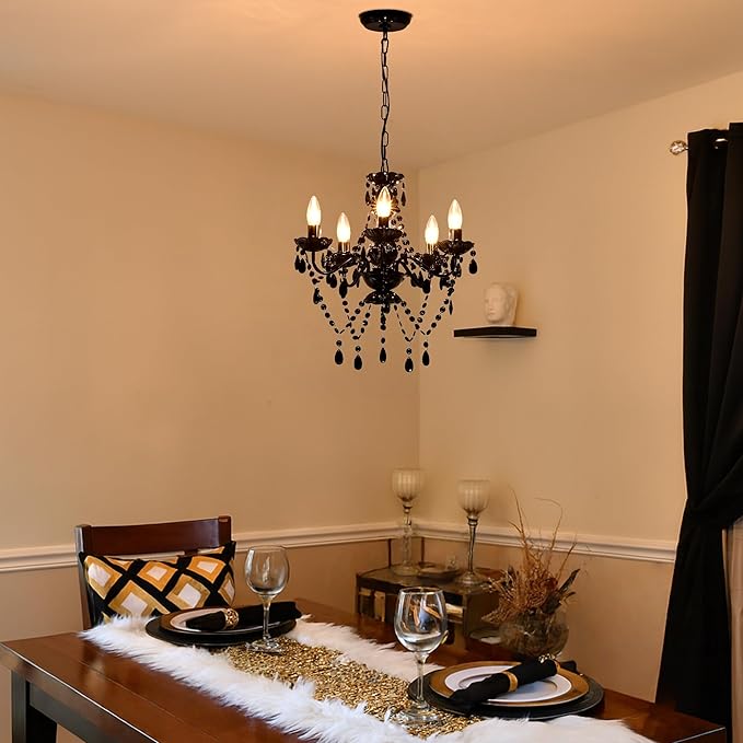 Black Small Crystal Chandelier, 5-Light Acrylic Chandelier Lighting Fixture for Bedroom, Closet, Dining Room, Entryway Ceiling Light