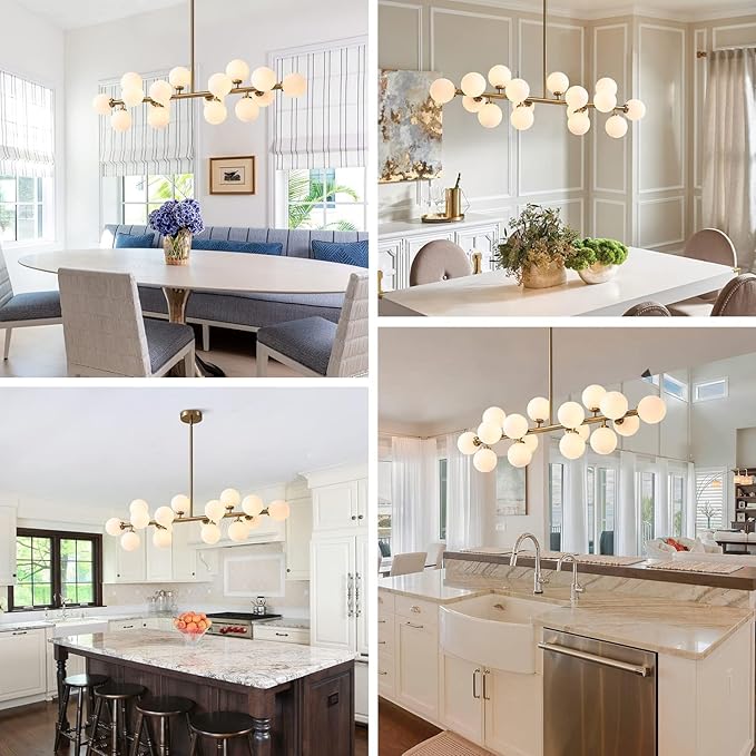Gold Dining Room Chandelier Over Table Mid Century Modern Chandelier White Glass Globe Lampshade Linear Pendant Lighting Fixture for Living Room Dining Table 16 Lights