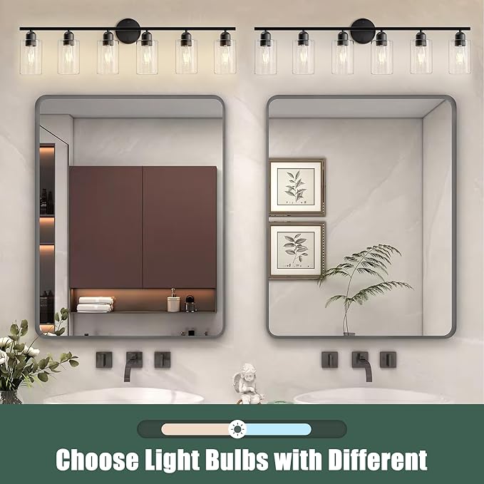 6 Lights Bathroom Vanity Light Fixtures Matte Black,Rustic Farmhouse Vanity Lighting Over Mirror Modern Industrial Lamp with Cylinder Glass Shade UL Certified