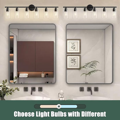 6 Lights Bathroom Vanity Light Fixtures Matte Black,Rustic Farmhouse Vanity Lighting Over Mirror Modern Industrial Lamp with Cylinder Glass Shade UL Certified