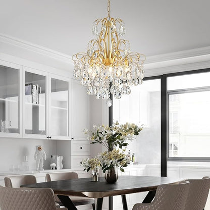 WUZUPS 5-Light Crystal Candle Chandelier Pendant Ceiling Modern Lighting Fixture for Bedroom Hallway Bar Kitchen Bathroom, H 22.8" W19.7, E12 Base, Gold