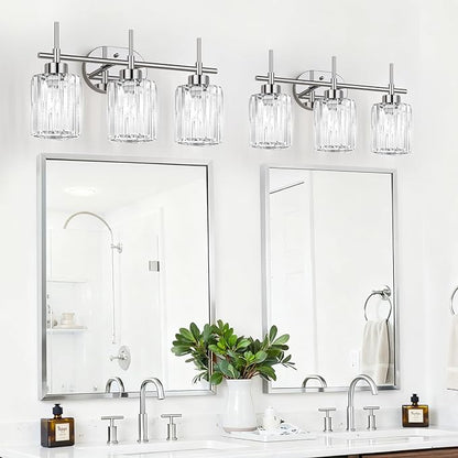 Modern Crystal Bathroom Vanity Light, 3-Light Chrome Vanity Light with Clear K9 Crystal Shades, Bathroom Light Fixtures Over Mirror (Bulbs Not Included)