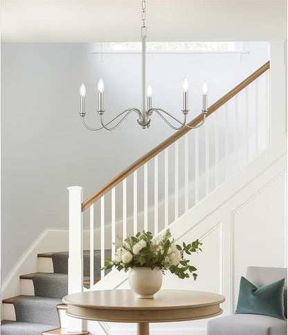 Kira Home Archer 28" 5-Light Farmhouse Chandelier, Brushed Nickel Ceiling Fixture with Elegant Curved Swoop Arms, Brushed Nickel Finish