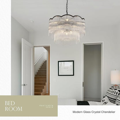 22.83" Black Clear Glass Crystal Chandelier 8-Light Modern Crystal Pendant Ceiling Light Fixture 2-Tier Luxury Glass Chandeliers,for Dining Room Kitchen Island Living Room Bedroom