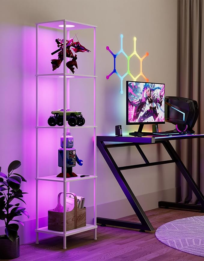 Display Shelf with RGBCW Light, Color Changing Curio Cabinet Floor Lamp with Shelves Corner Standing Column Lamp Etagere Organizer Tower Nightstand Bookcase for Living Room Bedroom Office Décor White