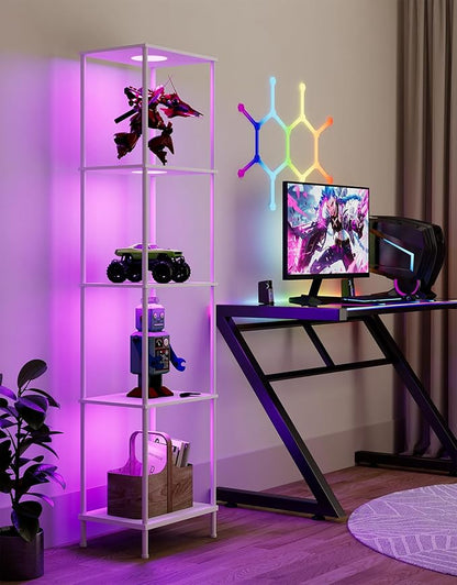 Display Shelf with RGBCW Light, Color Changing Curio Cabinet Floor Lamp with Shelves Corner Standing Column Lamp Etagere Organizer Tower Nightstand Bookcase for Living Room Bedroom Office Décor White