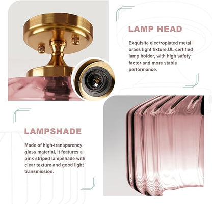 Flush Mount Ceiling Light Gold Light Fixture Set of 2 Striped Glass Shade Pink Chandelier Farmhouse Semi Flush Mount Light for Pantry Bar Cafe Hallway Entryway