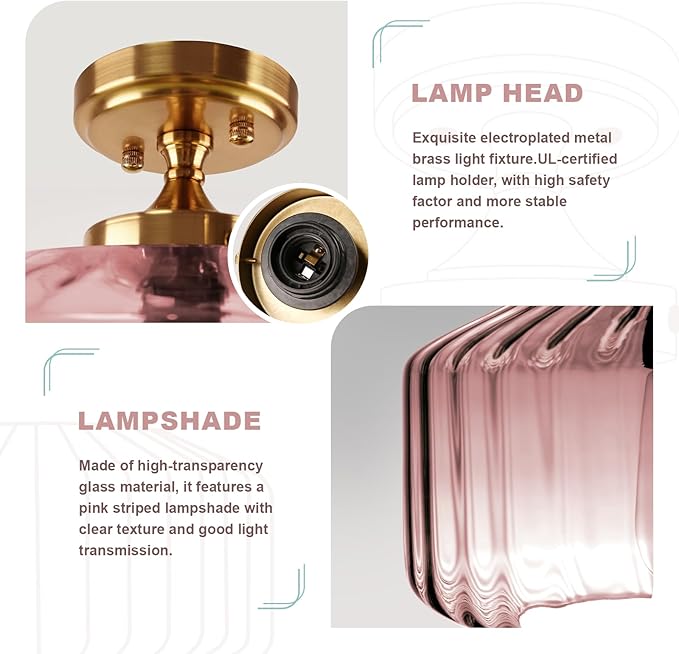 Pink Close to Ceiling Light Hallway Light Fixtures Vintage Antique Brass Ceiling Lamp with 11.02" Stripes Glass Shade, Flush Mount Ceiling Light for Closet Entryway Shower Light