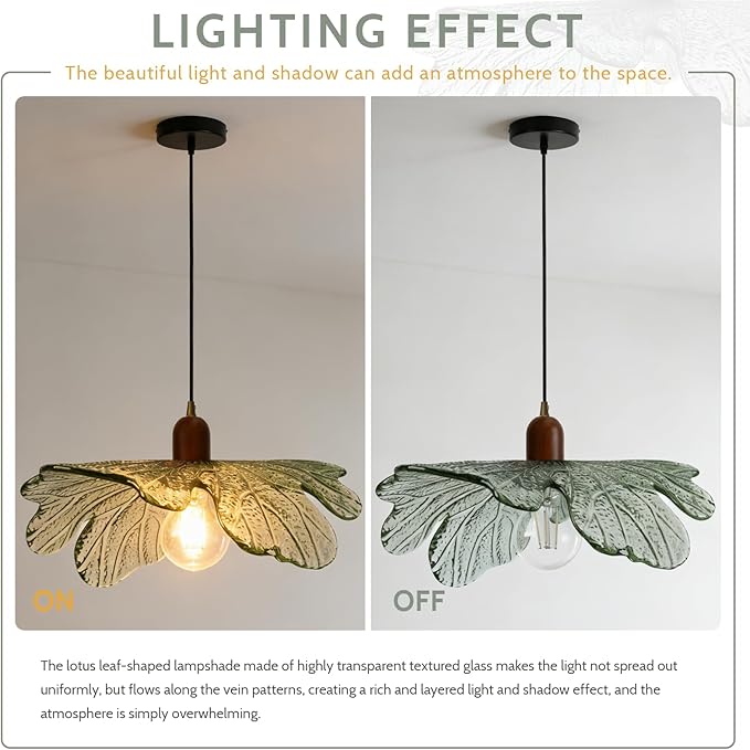 Dark Green Glass Flower Pendant Light Fixture with Wood Accent, Adjustable 59" Cord Hanging Ceiling Lamp, Mid Century Modern Floral Swag Light for Kitchen Island Bedroom
