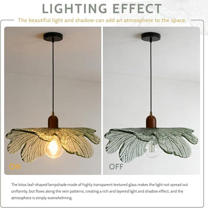 Dark Green Glass Flower Pendant Light Fixture with Wood Accent, Adjustable 59" Cord Hanging Ceiling Lamp, Mid Century Modern Floral Swag Light for Kitchen Island Bedroom