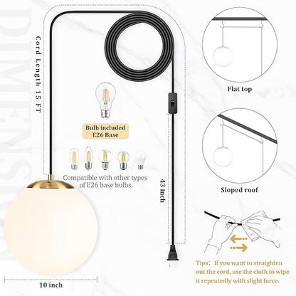 KoKo&Yukina 10" Globe Pendant Light Gold Plug in Pendant Light Adjustable Hanging Lights with Plug in Cord Brushed Gold Finished with Milk Glass Lampshade for Bedroom Kitchen Island（Bulb Included）