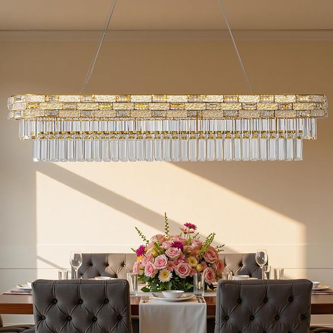 47.2" L Modern Crystal Chandelier, Gold Large Chandeliers for Dining Room, K9 Luxury Chandelier, Pendant Light Fixture, LED Chandelier for Living Room Kitchen Island Entryway