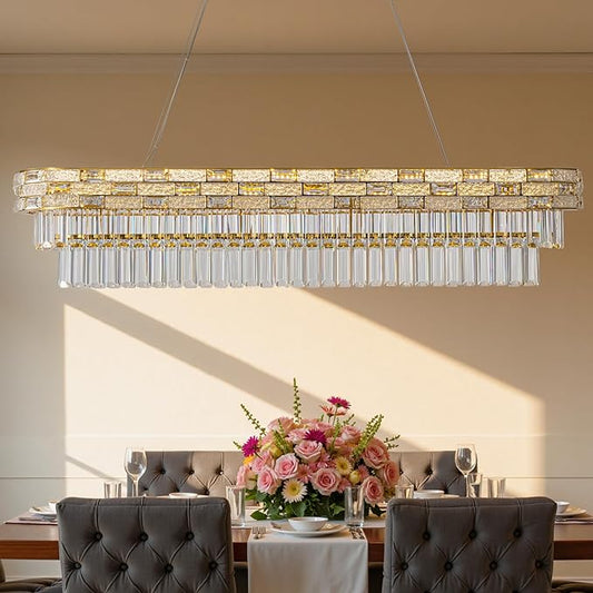 47.2" L Modern Crystal Chandelier, Gold Large Chandeliers for Dining Room, K9 Luxury Chandelier, Pendant Light Fixture, LED Chandelier for Living Room Kitchen Island Entryway