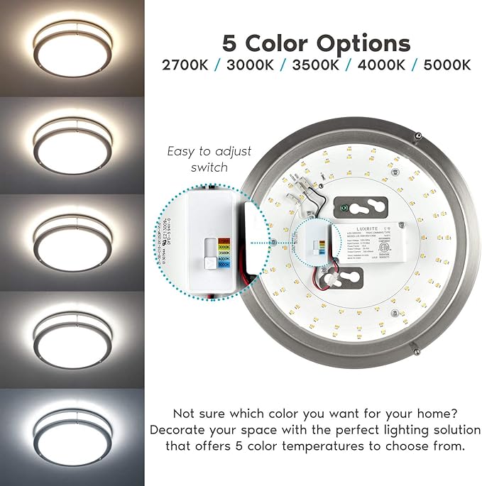 LUXRITE 12 Inch LED Flush Mount Ceiling Light, CCT Color Temperature Selectable 2700K | 3000K | 3500K | 4000K | 5000K, Dimmable Ceiling Light Fixture, 14W, 1120 Lumens, Energy Star, ETL Listed