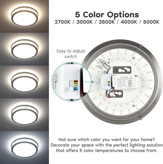 LUXRITE 12 Inch LED Flush Mount Ceiling Light, CCT Color Temperature Selectable 2700K | 3000K | 3500K | 4000K | 5000K, Dimmable Ceiling Light Fixture, 14W, 1120 Lumens, Energy Star, ETL Listed