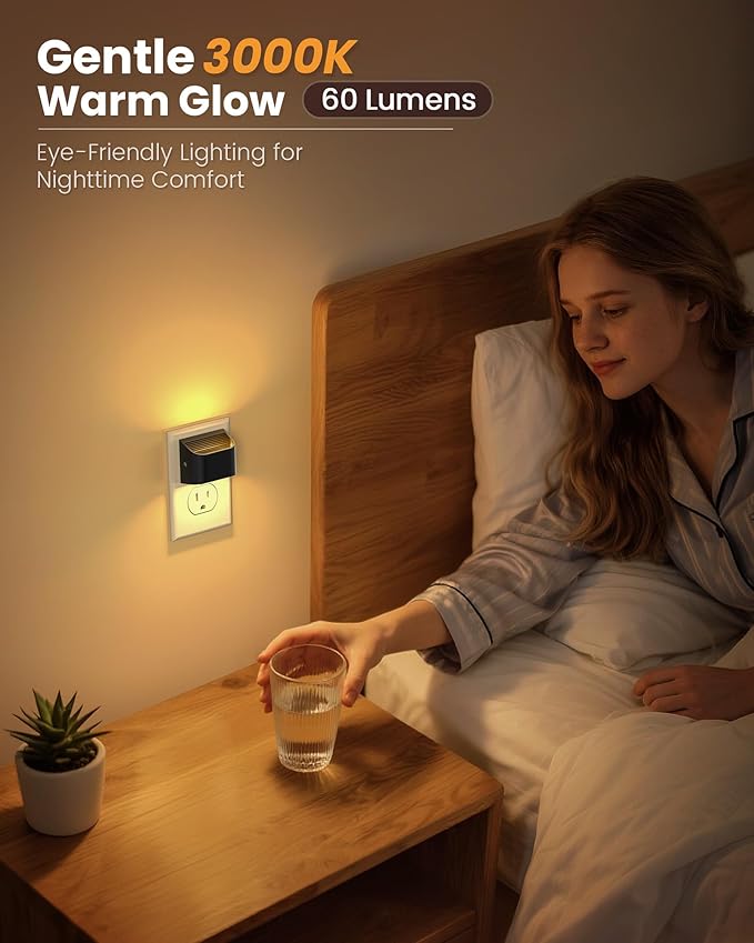NIORSUN Night Lights Plug Into Wall, Auto Brightness Sensor Night Light, 3000K Warm White, Ultra-Slim Wall Light for Hallway Bathroom Bedroom Stairs, Black, 4 Pack