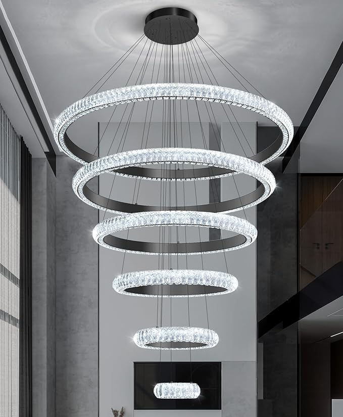 47" 6 Ring Crystal Chandelier Modern LED Dimmable Ring Pendant Light Chandelier for Dining Room Living Room Black
