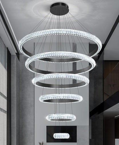 47" 6 Ring Crystal Chandelier Modern LED Dimmable Ring Pendant Light Chandelier for Dining Room Living Room Black