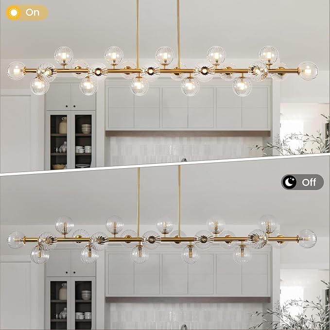Gold Linear Large Chandelier Modern Chandelier Glass Pendant Light Fixture Adjustable for Dining Living Room Kitchen Island 22-Light 70"