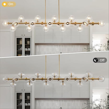 Gold Linear Large Chandelier Modern Chandelier Glass Pendant Light Fixture Adjustable for Dining Living Room Kitchen Island 22-Light 70"